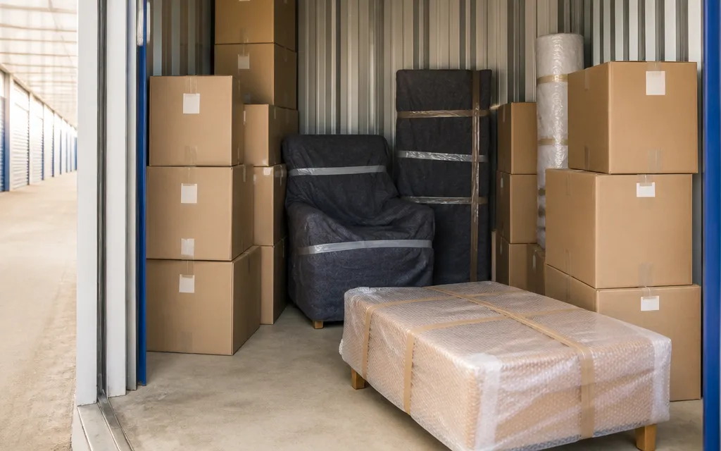 Meubles emballés et cartons prêts au transport dans un box de stockage