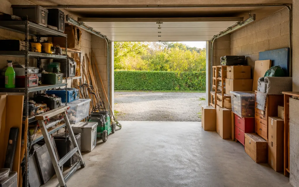 Garage de pavillon encombré de matériel, pièce à vider avant travaux